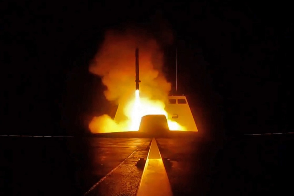 A cruise missile is launched from a French military vessel in the Mediterranean Sea towards targets in Syria. Photo: AFP
