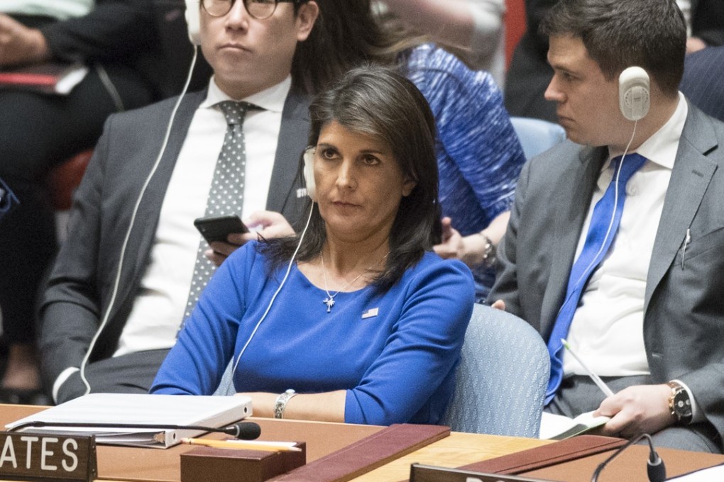 US President Donald Trump contradicted remarks made by the American ambassador to the United Nations, Nikki Haley (pictured on Saturday), that the US would impose sanctions on Russia following its support of alleged chemical attacks on Syrian civilians. Photo: AP