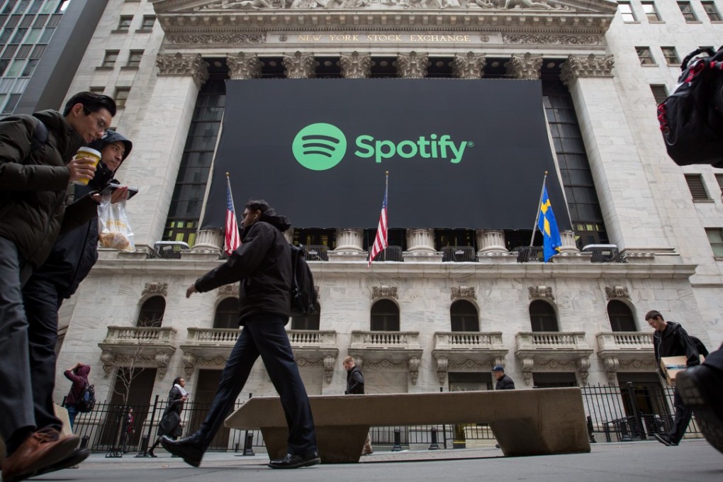 Spotify’s shares ended up 12.9 per cent higher on its first day of trading on the New York Stock Exchange, on April 3, a smooth debut that could pave the way for other companies looking to go public without the aid of Wall Street underwriters. Photo: Bloomberg