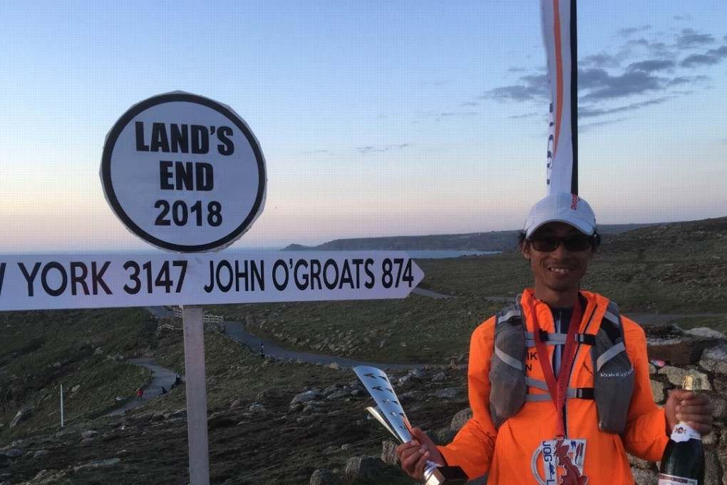 Kenneth Chan at Land's End in the UK, the finish line of his 1,300km run from John O’ Groats. Photos: Handout