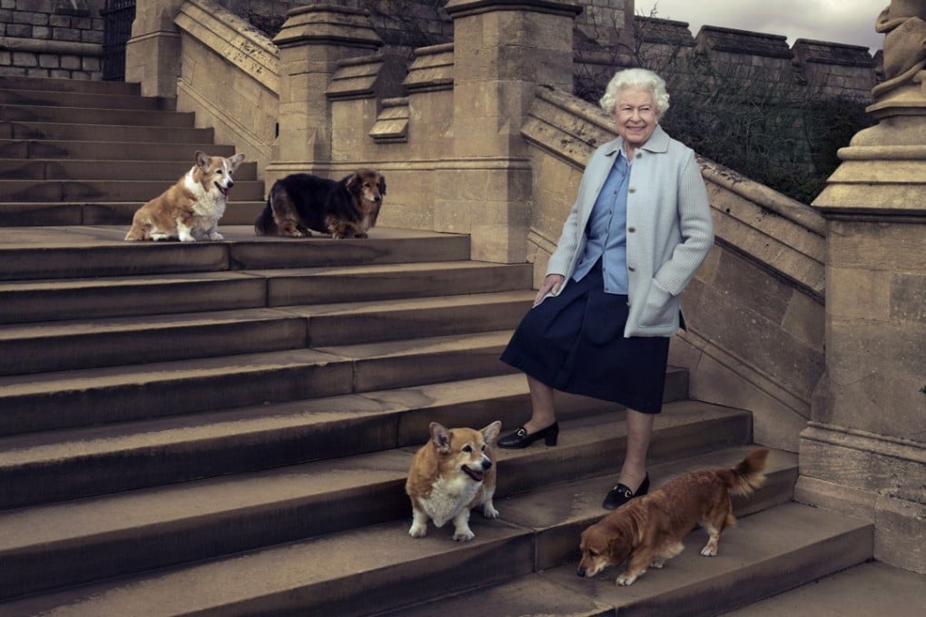 In this official photograph released by Buckingham Palace Wednesday April 20, 2016 to mark her 90th birthday, Queen Elizabeth is seen walking in the private grounds of Windsor Castle, in England, on steps at the rear of the East Terrace and East Garden with four of her dogs: clockwise from top left corgi Willow, dorgis Vulcan and Candy, and Holly a corgi. Photo: AP