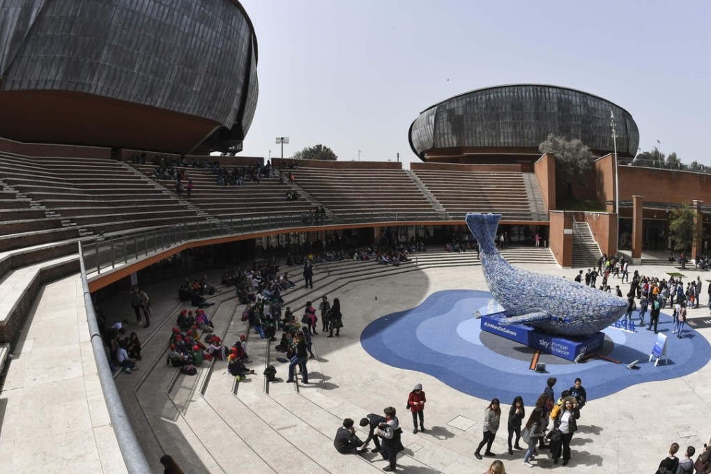 “Plasticus”, a 10-metre temporary installation of a whale in front of the Auditorium Parco della Musica in central Rome, on April 16. The 250kg of plastic waste used to create “Plasticus” is the same amount that goes into the ocean every second. Photo: AFP