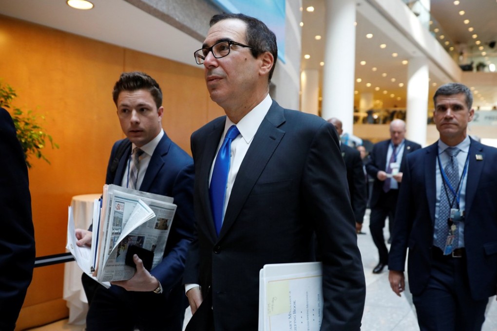US Treasury Secretary Steven Mnuchin arrives for a G20 plenary session during IMF spring meetings in Washington on Friday. Photo: Reuters