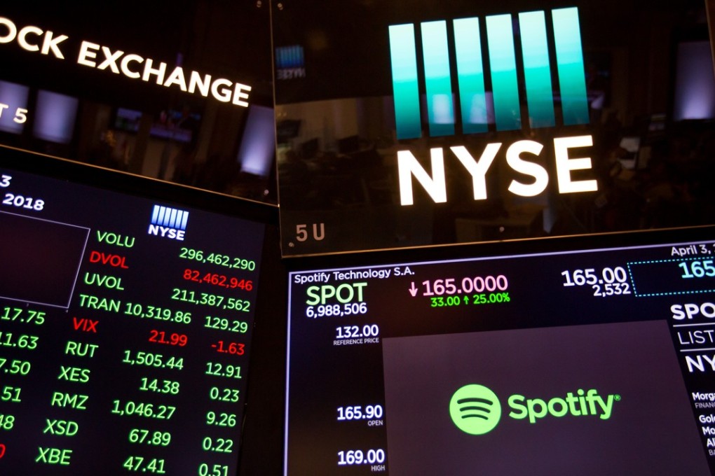 The numbers for Spotify Technology SA are seen on a monitor during its first day of trading on the New York Stock Exchange, on April 3. Photographer: Bloomberg