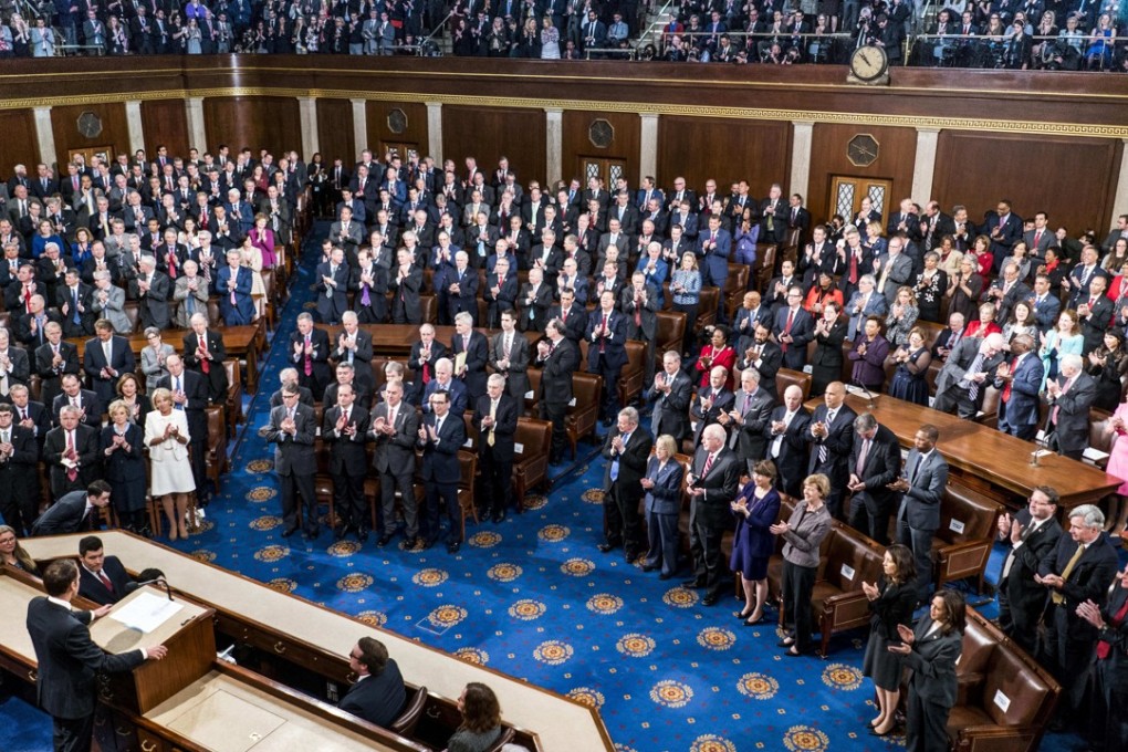 French President Emmanuel Macron (bottom left) addresses a Joint Meeting of Congress on Capitol Hill on Wednesday. Photo: Washington Post