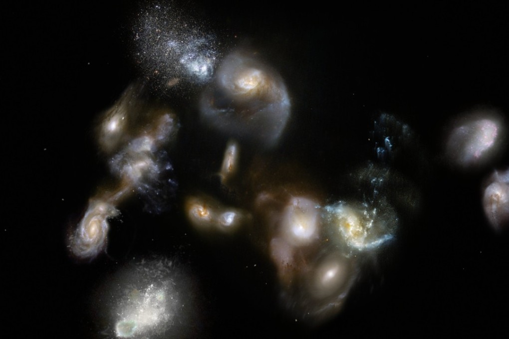 An artist's impression of SPT2349-56, a group of interacting and merging galaxies in the early Universe. Graphic: EPA
