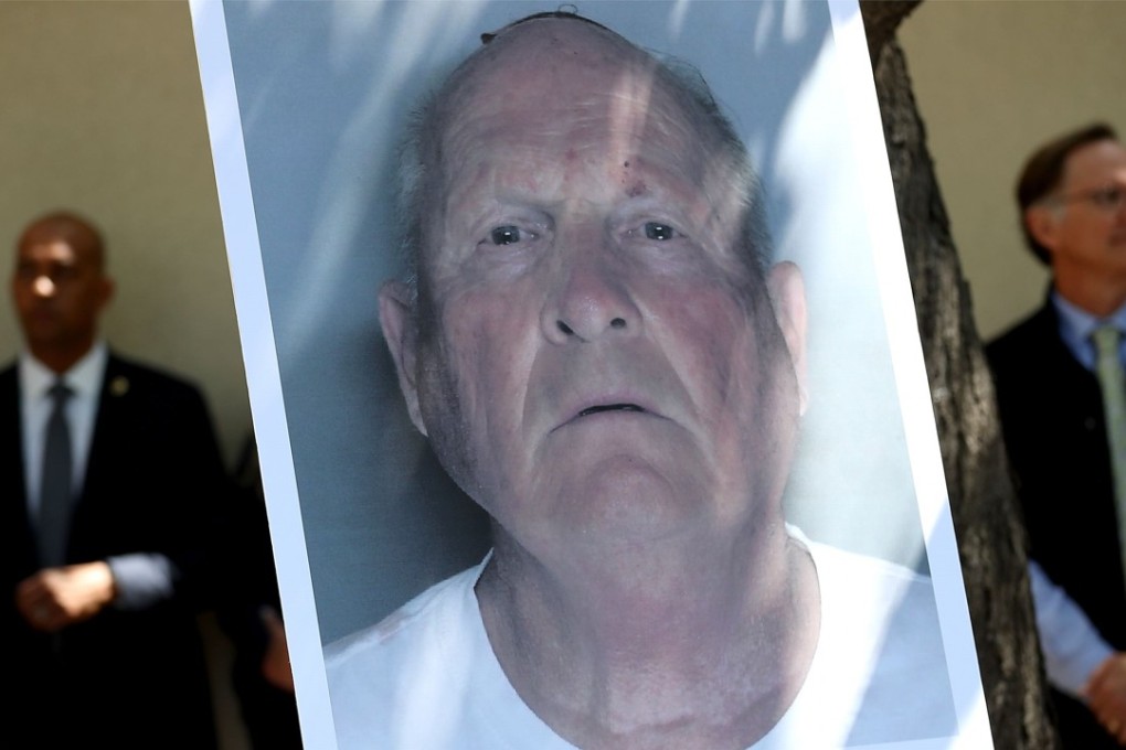 The photograph of Joseph James DeAngelo on display during a news conference on Wednesday in Sacramento, California, at which his arrest was announced. Sacramento district lawyer Anne Marie Schubert was joined by law enforcement officials from across California to announce the arrest. Photo: Getty Images via Agence France-Presse