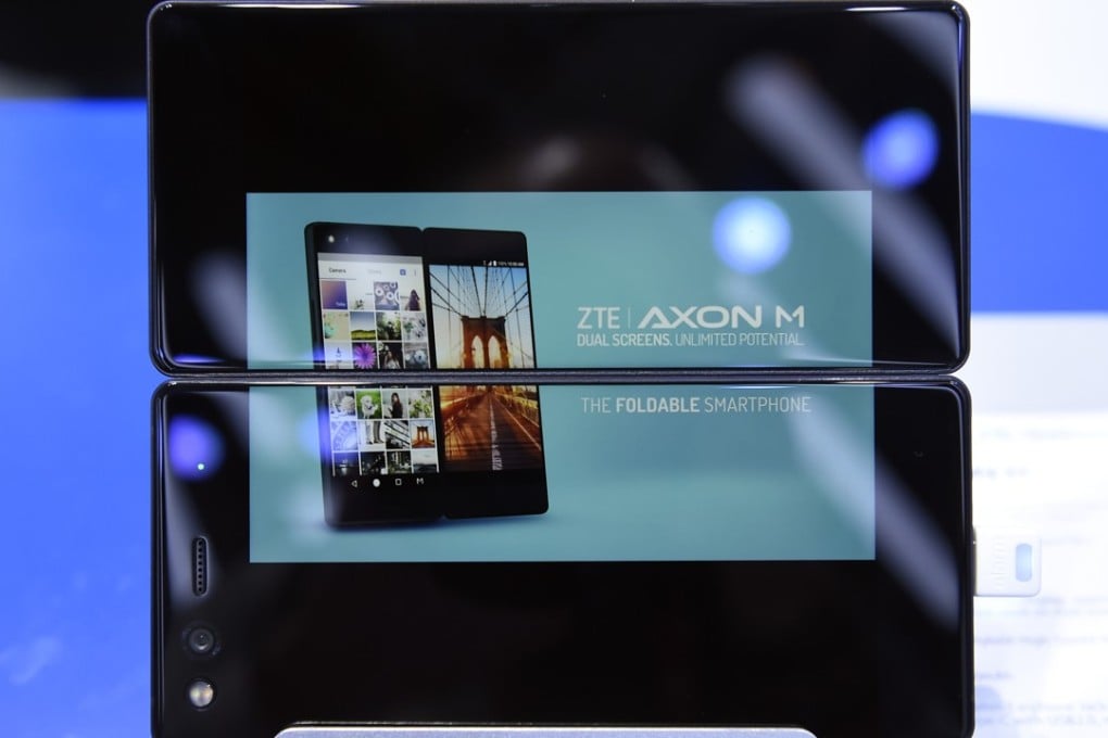 ZTE’s foldable smartphone AXON M at the Mobile World Congress in Barcelona. Photo: AFP
