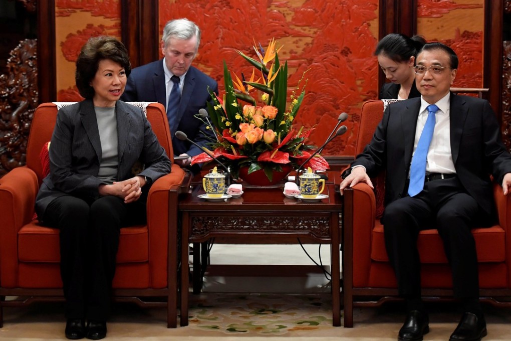 US Secretary of Transportation Elaine Chao and China Premier Li Keqiang met in Beijing on Thursday. Photo: Reuters