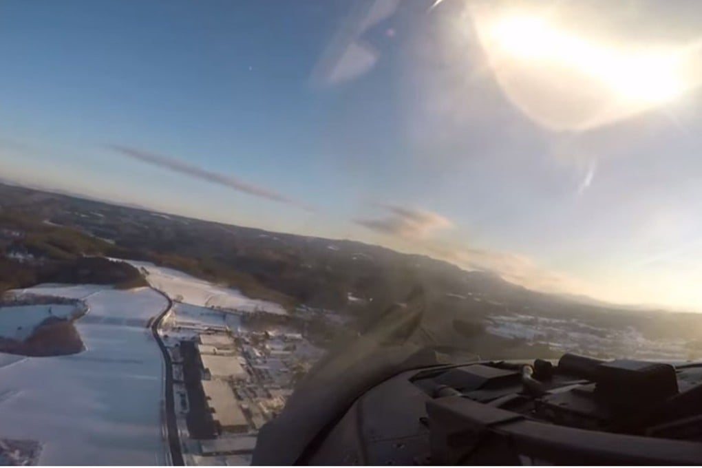 A frame from the cockpit camera of a low-flying US Air Force F-16 that took off from Misawa Air Base. Photo: YouTube/Gung Ho Vids