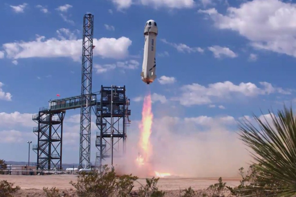 Screen capture from the Blue Origin video shows the New Shepard Rocket launching on its eighth overall test flight on April 29, 2018, from near Van Horn, Texas. Photo: AFP/Blue Origin