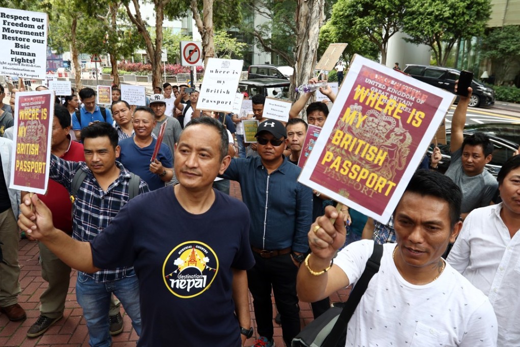 Descendants of Gurkhas who served in the British Army protest outside the British consulate. Photo: Nora Tam