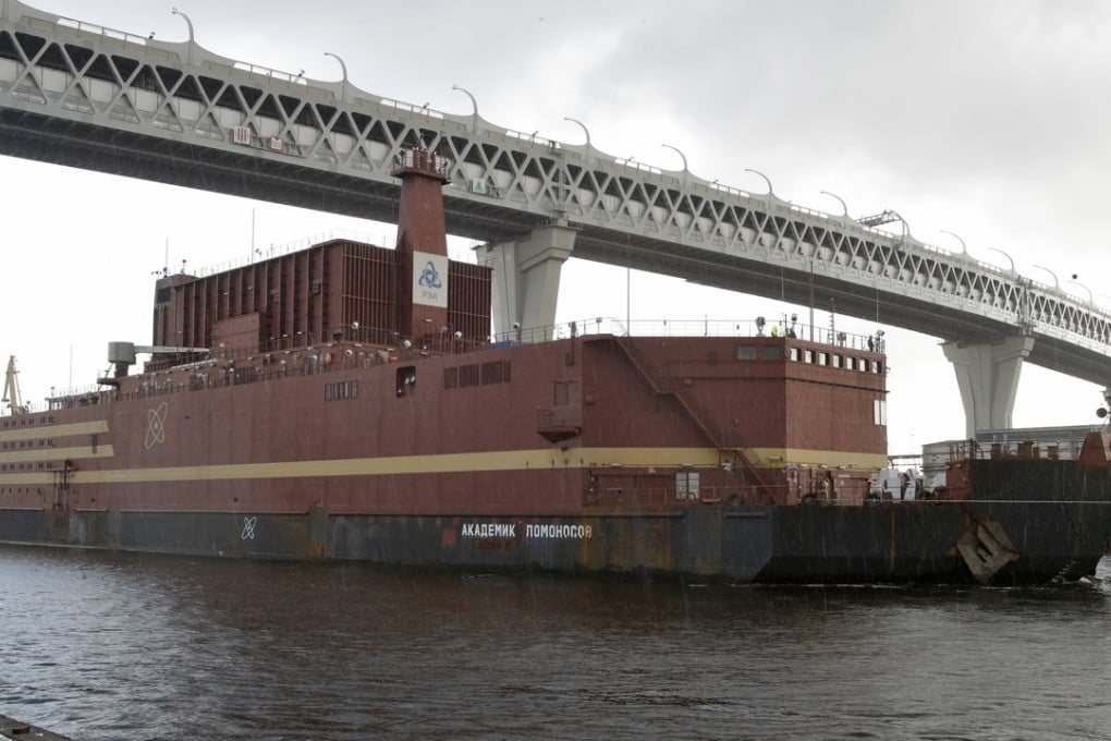 Russia’s floating nuclear power plant, the Akademik Lomonosov, is towed out of the St Petersburg shipyard where it was constructed. Photo: AP