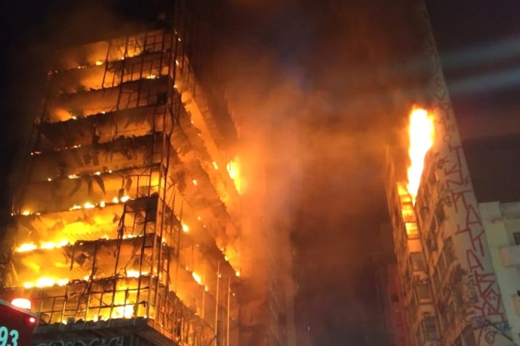 In this photo released by Sao Paulo Fire Department, a building on fire is seen on Tuesday. The 25-storey tower later collapsed. Photo: Sao Paulo Fire Department via AP