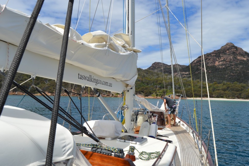 Lady Eugenie moored in Crockett’s Bay, Tasmania. Photo: Cameron Wilson