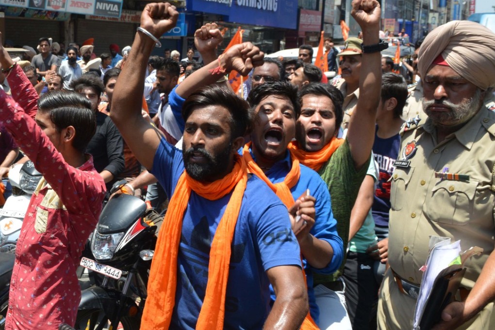 Hindu activists protest outside a mosque in Amritsar in July 2017, following an attack on Hindu pilgrims in Kashmir, the country’s only Muslim-majority state. Picture: AFP