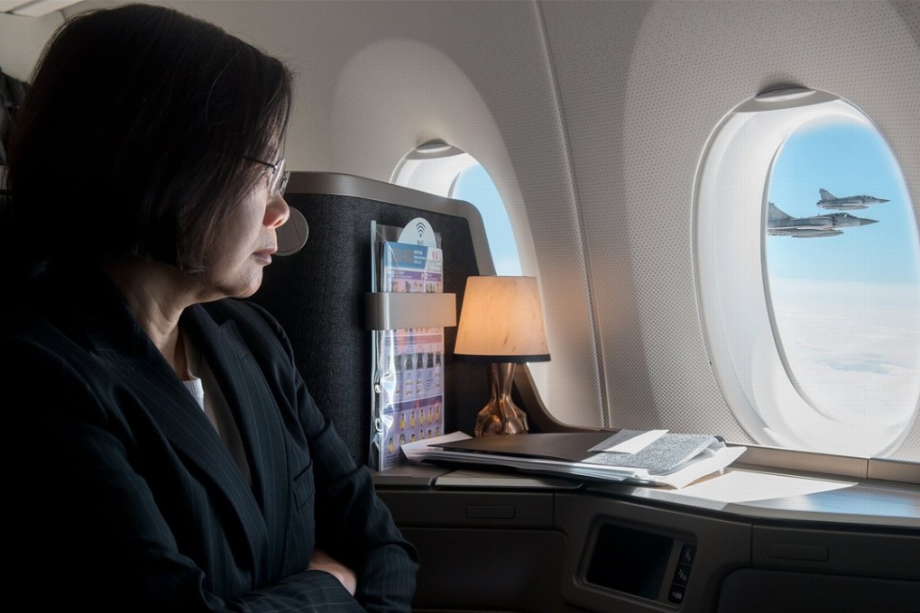 Taiwan's Tsai Ing-wen during her flight to visit Swaziland to cement bilateral ties - with Taiwan's F-16 fighter aircraft escorting her plane. Photo: EPA-EFE/Taiwan Presidential Office
