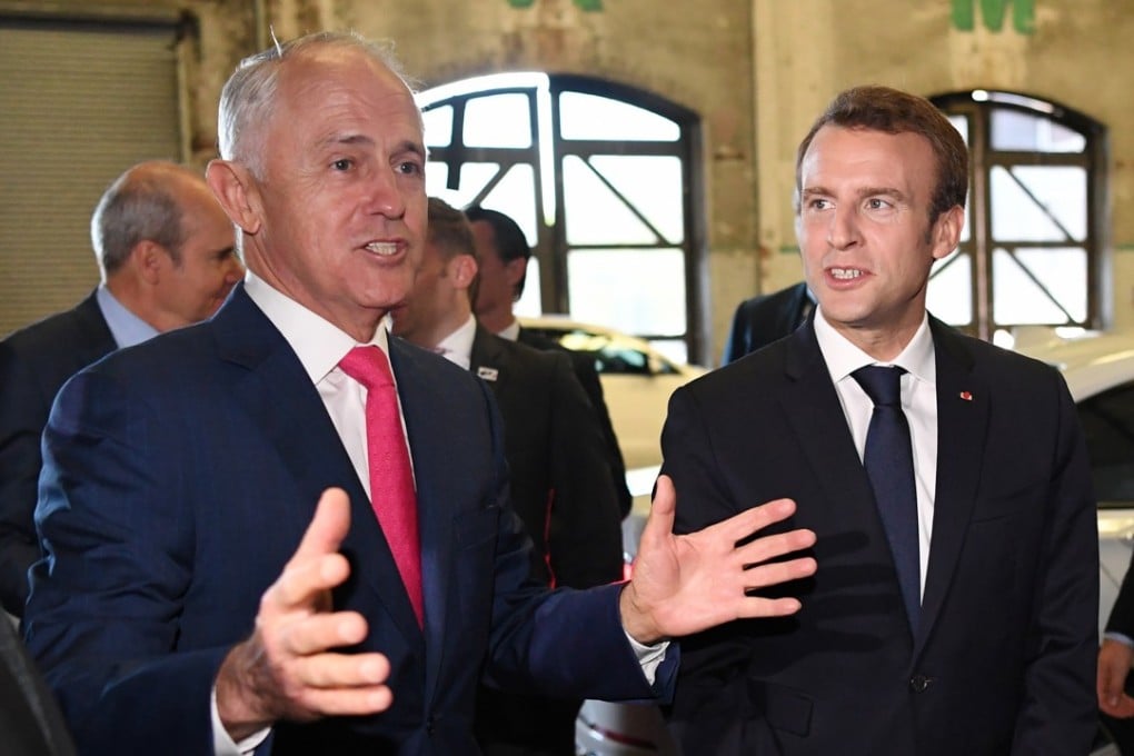 French President Emmanuel Macron (right) and Australian Prime Minister Malcolm Turnbull (left) meet in Sydney on Thursday. Macron says France, India and Australia shared a responsibility to protect the region from “hegemony”. Photo: EPA