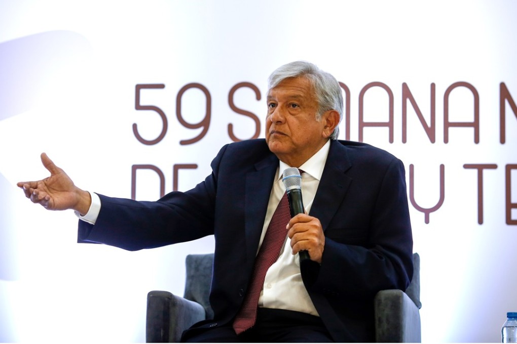 Andres Manuel Lopez Obrador, presidential candidate of the National Regeneration Movement Party, speaks during the 59th Annual Week of Radio and Television event in Mexico City on Thursday, May 3, 2018. Photo: Bloomberg