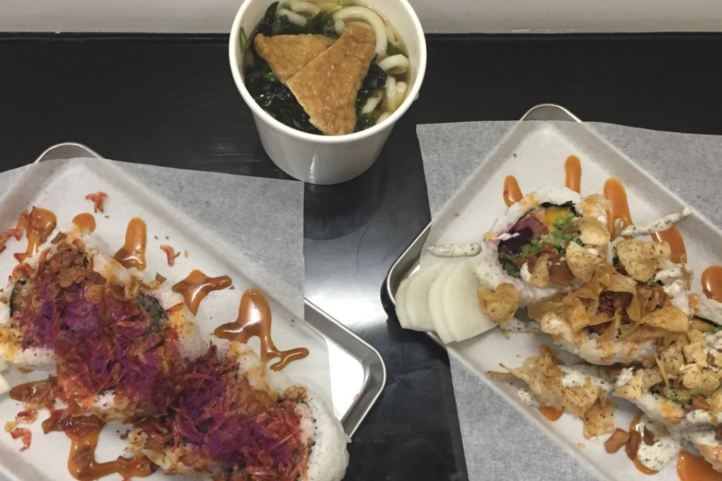 Sea Monster maki roll (left), Veggie Lover maki roll (right) and mini udon (in cup) from Chotto Maki. Photo: Laurie Chen