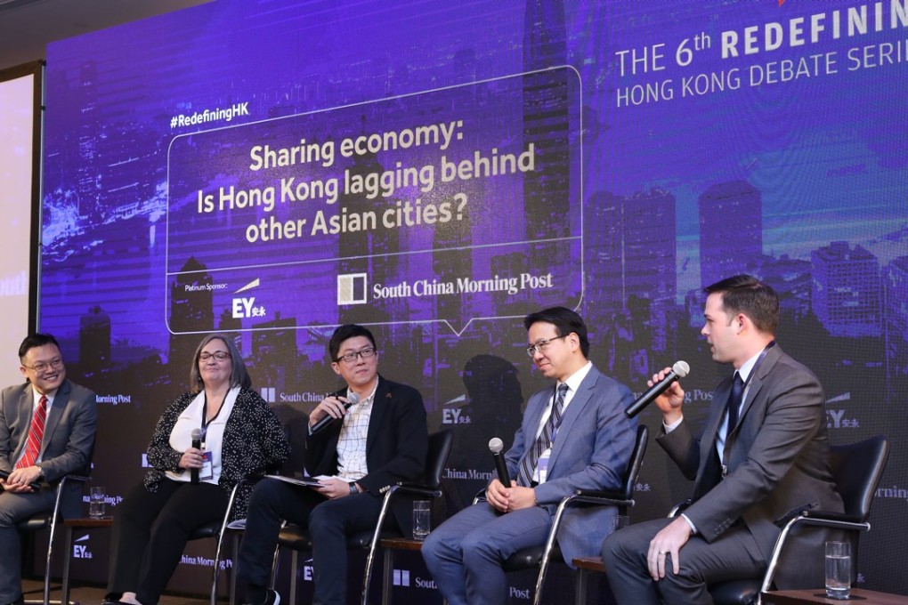 The panellists at the sixth edition of the “Redefining Hong Kong Debate Series”, organised by the South China Morning Post include, from left: Charlie Chen, the head of China Consumer Research at Credit Suisse; Ann Lavin, senior director of public policy and government relations for Asia-Pacific at Uber; Chua Kong-ho, technology editor at the SCMP; legislative councillor Charles Mok; and Mike Orgill, director of public policy for Asia-Pacific at Airbnb. Photo: K Y Cheng