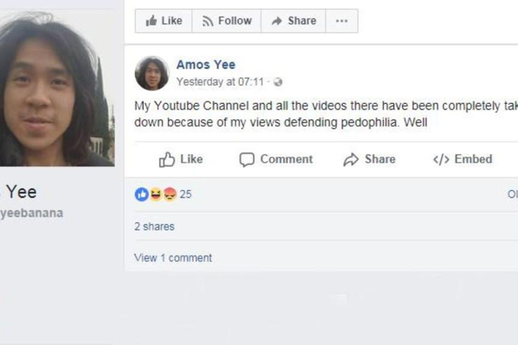 Amos Yee — whose Facebook account was temporarily suspended for 30 days last November — said on his Facebook page that his YouTube channel "has been taken down". Photo: Facebook