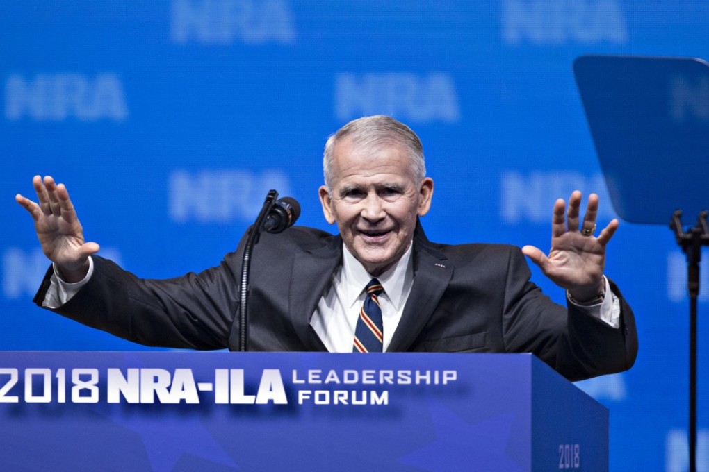 Retired US Marine Corps Lieutenant Colonel Oliver North speaks during the NRA annual meeting in Dallas on Friday. Photo: Bloomberg