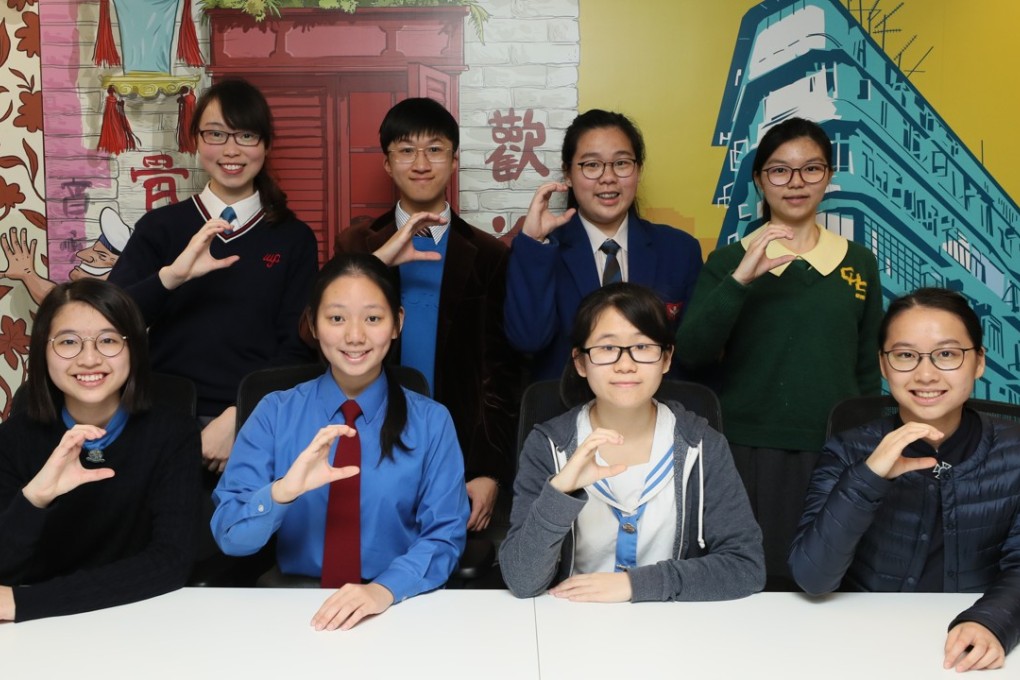 The eight finalists in the linguist category for Cantonese at the 2017 Student of the Year Awards, Hong Kong’s most prestigious secondary school event, at the Kowloon Shangri-La Hotel on March 17. Photo: Handout