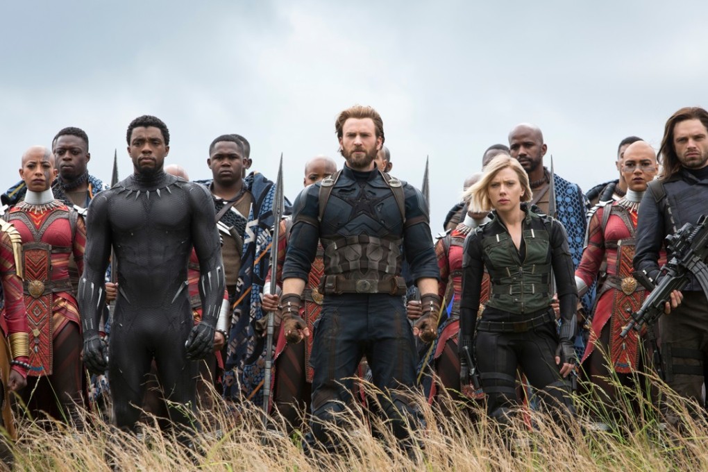 Marvel Cinematic Universe characters played by (front, from left) Danai Gurira, Chadwick Boseman, Chris Evans, Scarlet Johansson and Sebastian Stan in a scene from Avengers: Infinity War. Photo: Chuck Zlotnick/Marvel Studios/AP
