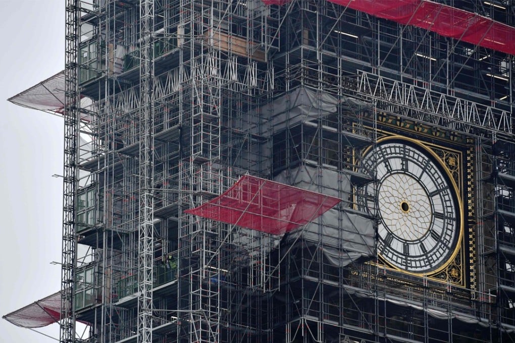 The clockface of Big Ben, with the hands removed, is pictured during ongoing renovations to the Tower and the Houses of Parliament, in central London. Photo: AFP