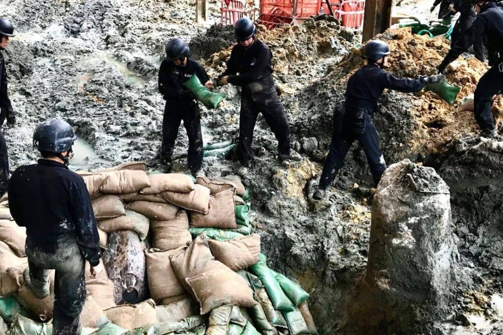 The unexploded American second world war bomb was the third dug up at the construction site at Convention Avenue in Wan Chai this year. Photo: Facebook
