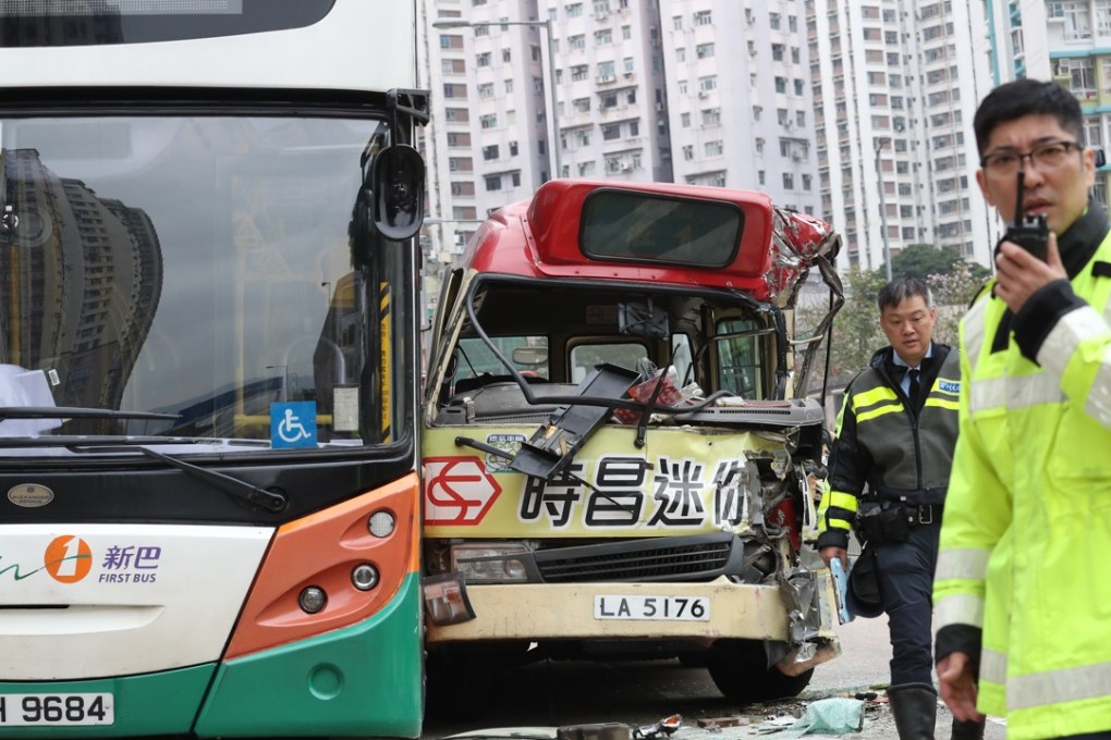 Police officers at the site of a traffic accident in Ngau Tau-kok, on March 8, 2017. As many as 16 people were hurt when a bus travelling towards Kowloon City failed to slow down when a minibus cut into its lane. The two vehicles collided and hit another bus parked at a bus station on Ngau Tau Kok Road. Photo: Nora Tam