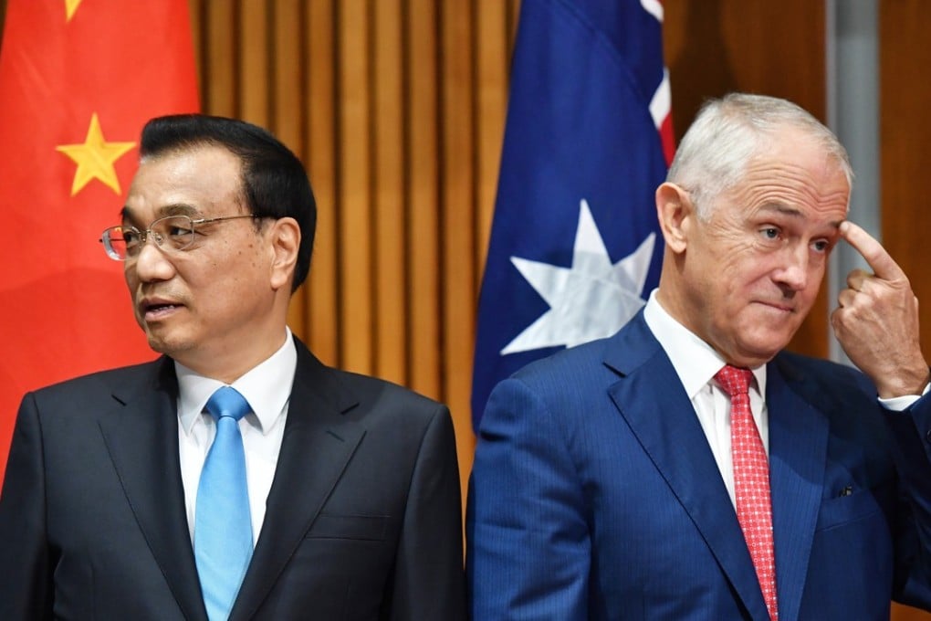 Chinese Premier Li Keqiang and Australian Prime Minister Malcolm Turnbull attend a signing ceremony in Canberra in March 2017. Australia under Turnbull has been one of the Asia-Pacific powers that is most anxious about China’s rise, but efforts to strengthen ties with a Donald Trump-led US have also been fraught. Photo: EPA