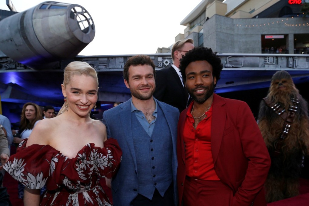Cast members Emilia Clarke, Alden Ehrenreich and Donald Glover pose at the premiere for Solo: A Star Wars Story in Los Angeles. Photo: Reuters
