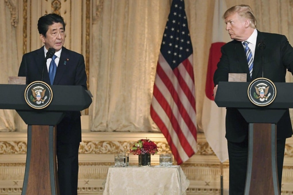 Japanese Prime Minister Shinzo Abe and US President Donald Trump hold a press conference in Palm Beach, Florida on April 18. Photo: Kyodo