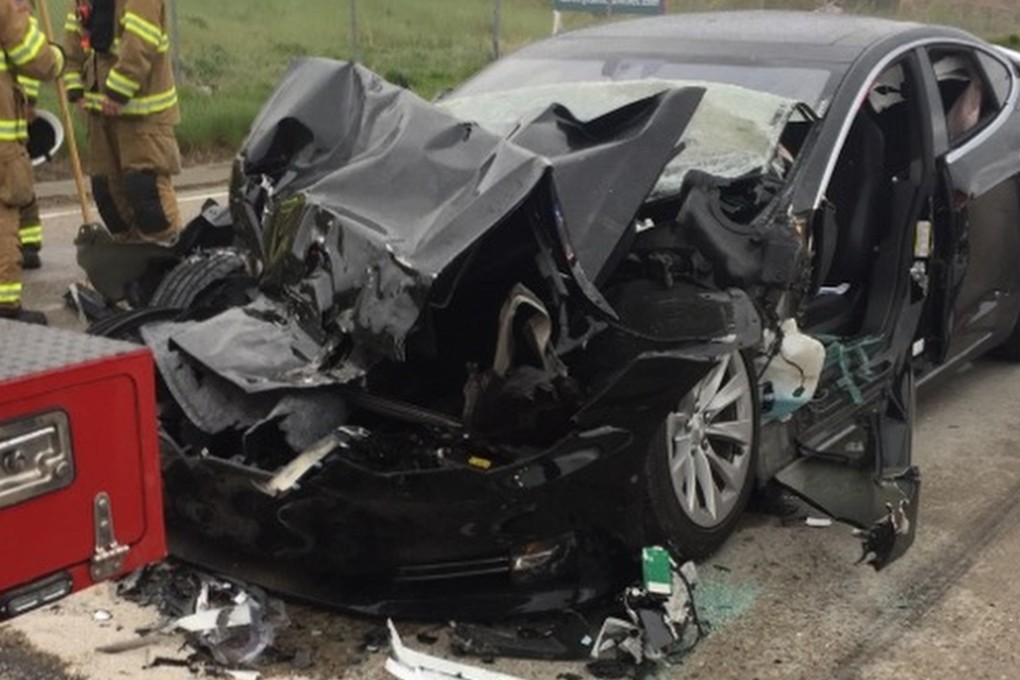 A Tesla Model S with an Autopilot feature slammed into the back of a fire department mechanic’s truck at a stop light on Friday, apparently without braking. Photo: South Jordan Police Department via AP