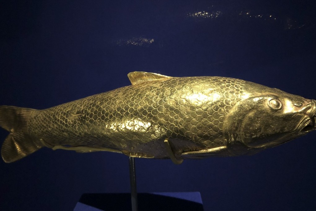 A fish-shaped gold flask for perfumed oil from Tajikistan made 2,400-plus years ago is part of the exhibition Age of Luxury – the Assyrians to Alexander at the Hong Kong Museum of History. Photo: Enid Tsui