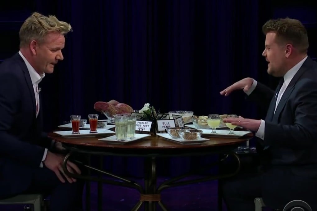 British celebrity chef Gordon Ramsay plays Spill Your Guts Or Fill Your Guts with host James Corden on his American television talk show The Late Late Show with James Corden.