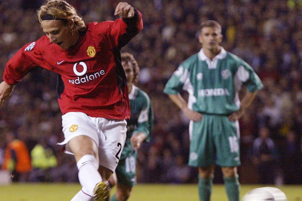 Diego Forlan scores his first goal in his 27th appearance for Manchester United from the penalty spot against Maccabi Haifa in the Champions League at Old Trafford on September 18, 2002. Photo: Reuters