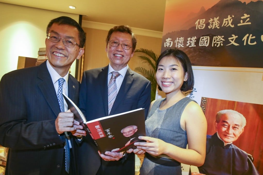 Ken Pang (left), chief executive of Nan Huai-chin Culture Foundation Ltd; Dr Stephen Lam Tak-sum (centre), director of Clinical Genetics Service, Hong Kong Sanatorium & Hospital; and Olivia Pang, Youth Programme Director of International Institute of Nan Huai-chin advocate the establishment of The International Institute of Nan Huai-chin. Photo: David Wong