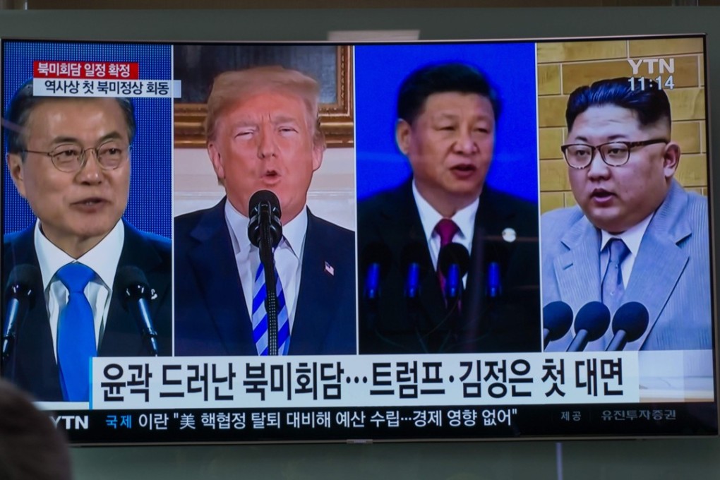 A screen at a railway station in Seoul shows an image of (from left) South Korean President Moon Jae-in, US President Donald Trump, Chinese President Xi Jinping and North Korean leader Kim Jong-un. Recent meetings between the leaders of the four major stakeholders in the peace negotiations have revealed a desire for cooperation, but how far does the goodwill extend? Photo: AFP