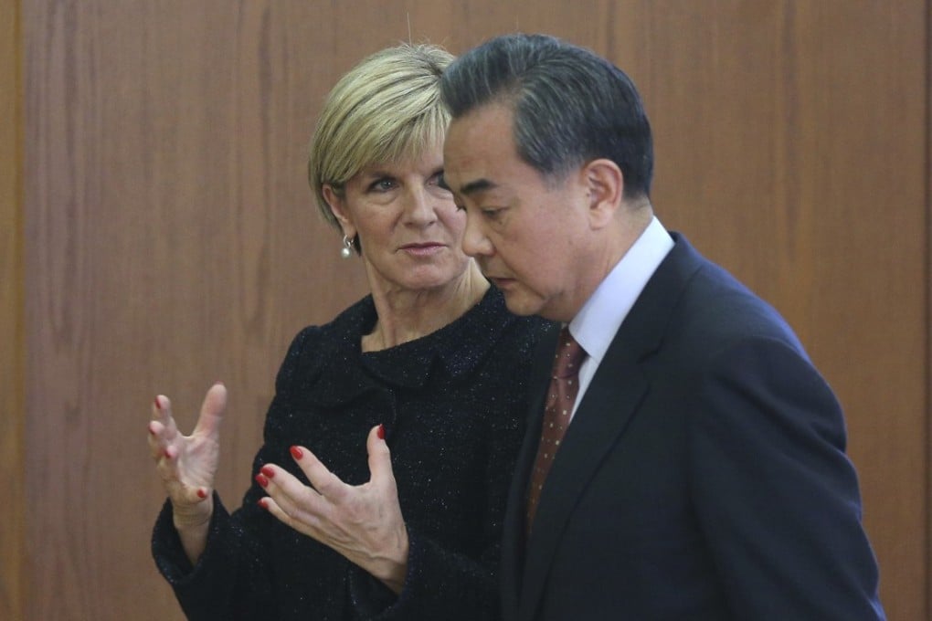 Australian Foreign Minister Julie Bishop and China’s Foreign Minister Wang Yi in Beijing in 2016. File photo: AP