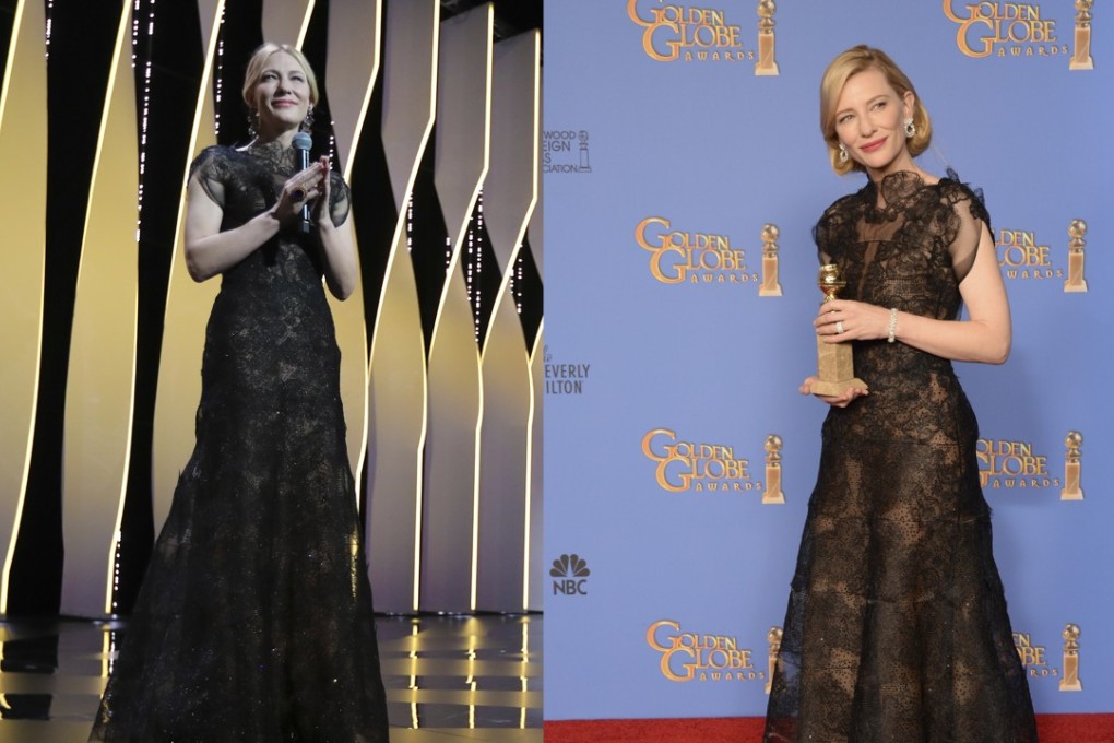 Cate Blanchett at the opening ceremony of this year’s Cannes Film Festival (left) and at the Golden Globes awards in 2014. Photo: AFP