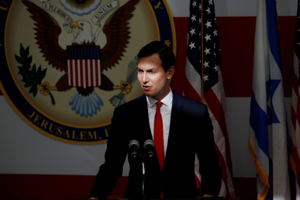 White House Senior Adviser Jared Kushner speaking during the dedication ceremony of the new US embassy in Jerusalem on Monday, in his capacity as US President Trump’s Middle East point man. Kushner’s family is reportedly getting a business that is linked to the Qatari government to bail it out of a difficult real estate deal. Photo: Reuters