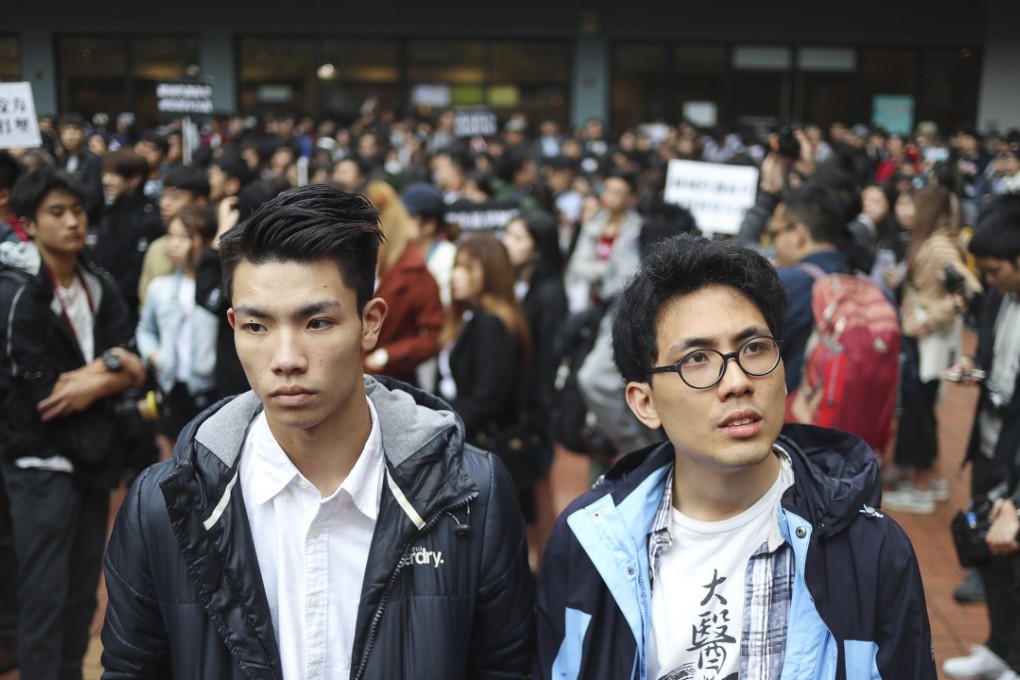 Baptist University student Lau Tsz-kei (left) did not protest the school’s disciplinary decision, but Andrew Chan Lok-hang (right) did. His appeal was rejected. Photo: Winson Wong