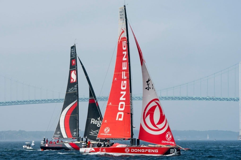 Hong Kong’s Scallywag (left) and China’s Dongfeng at the start of the ninth leg from Newport in the United States to Cardiff in Wales. Photo: AFP