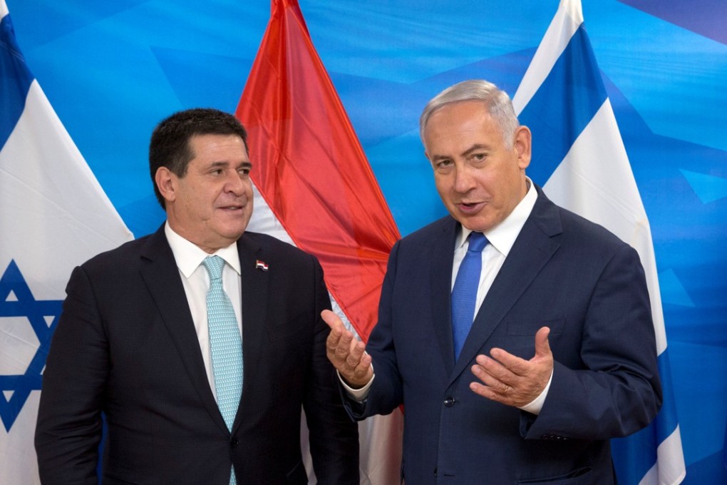 Israeli Prime Minister Benjamin Netanyahu with Paraguay’s President Horacio Cartes during a meeting at the Prime Minister's office in Jerusalem, following the dedication ceremony of the embassy of Paraguay in Jerusalem no May 21, 2018. Photo: Reuters