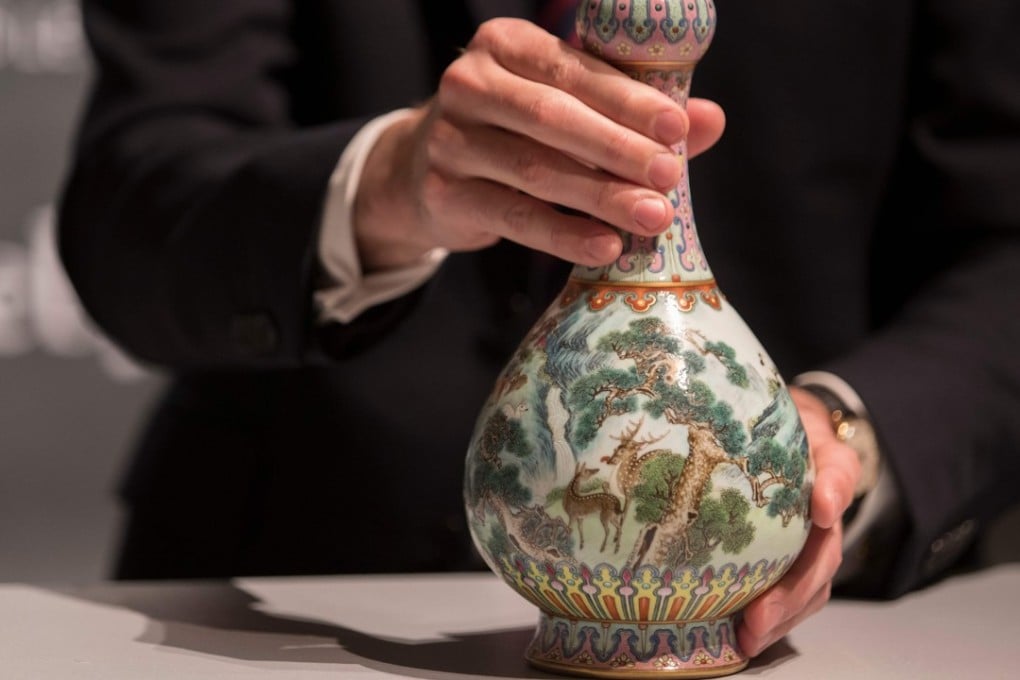 A rare imperial Qianlong porcelain vase, displayed at Sotheby’s in Paris on Tuesday. Photo: AFP