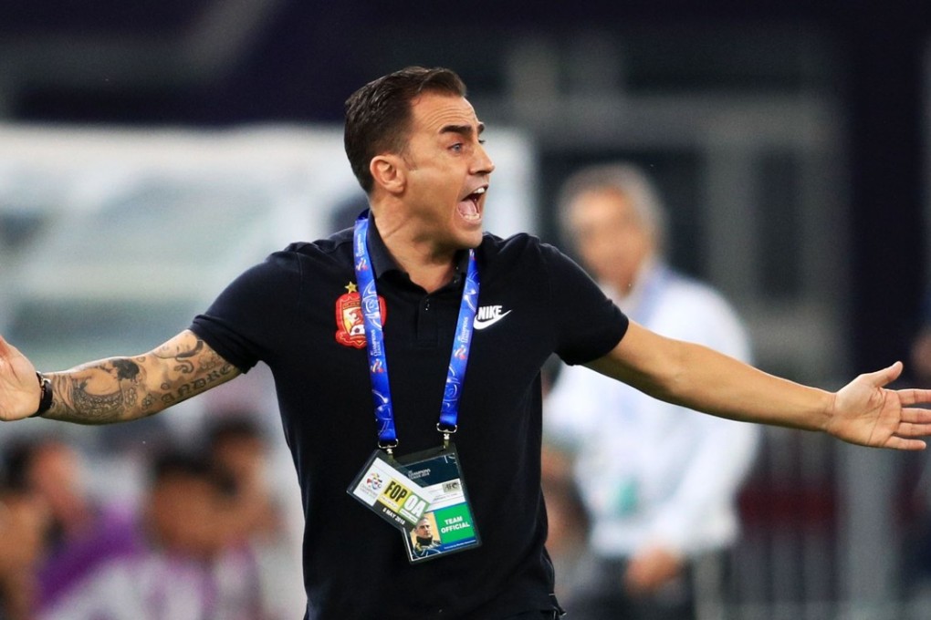 Guangzhou Evergrande coach Fabio Cannavaro reacts during his side’s AFC Champions League meeting with former club Tianjin Quanjian. Photo: AFP