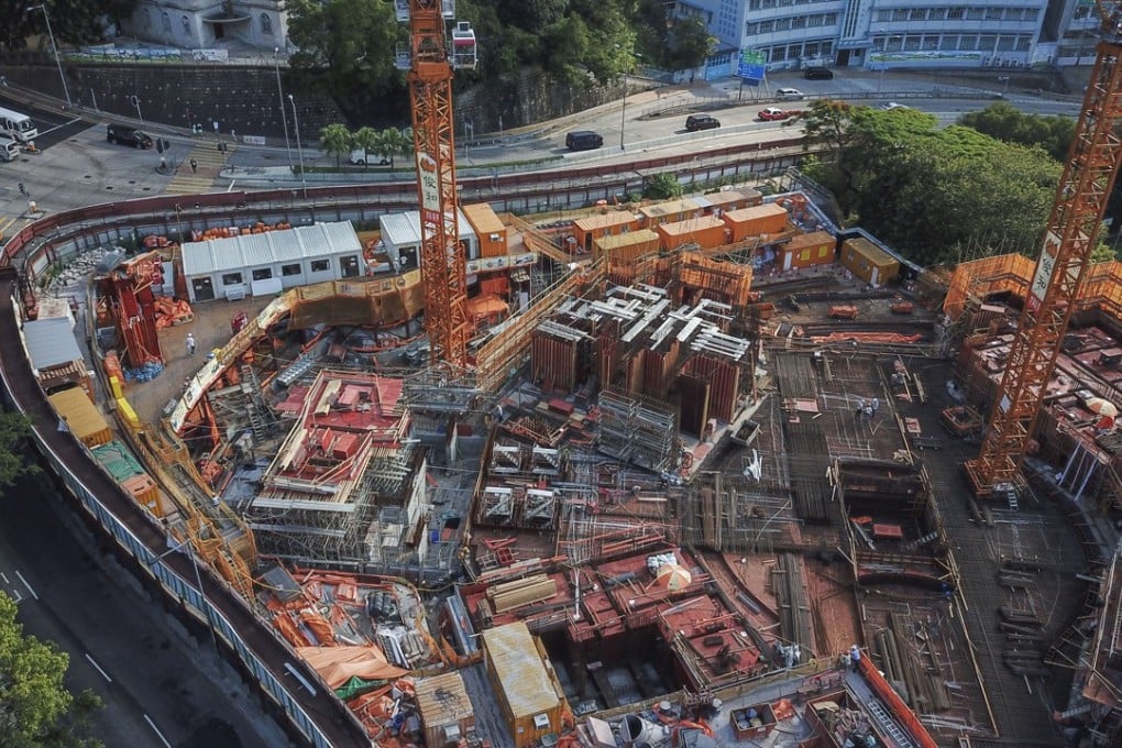 An aerial view of a construction site at the Ming Wah Dai Ha project in Shau Kei Wan. Photo: Roy Issa